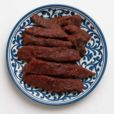 Traditional Qadeed meat strips neatly arranged on a decorative blue and white plate — Qadeed Recipe.