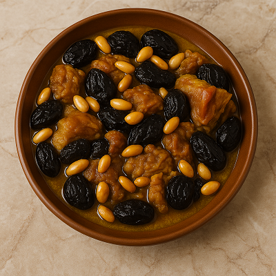 Moroccan Lamb Tagine with Prunes served on traditional ceramic plates, topped with almonds, apricots, and dates.