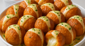 Melted center snack balls on a white plate with dipping sauce