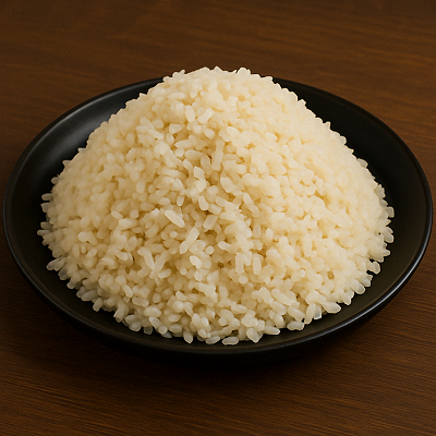 Plain cooked rice served in a black bowl – the perfect base for a rice and nuts recipe.