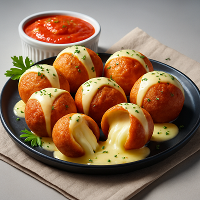Golden fried cheese balls served with melted cheese and tomato sauce on a black plate.