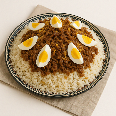Delicious rice and nuts recipe served with seasoned minced meat and boiled egg slices on a traditional plate.
