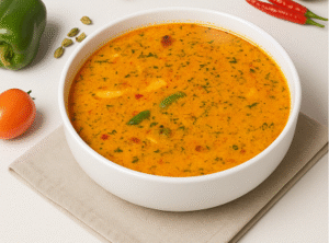 Spiced Chicken Soup Recipe served hot in a rustic ceramic bowl with herbs on top.