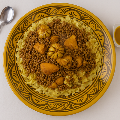 Moroccan Chicken Rfissa displayed in a decorative dish with rich lentil base.