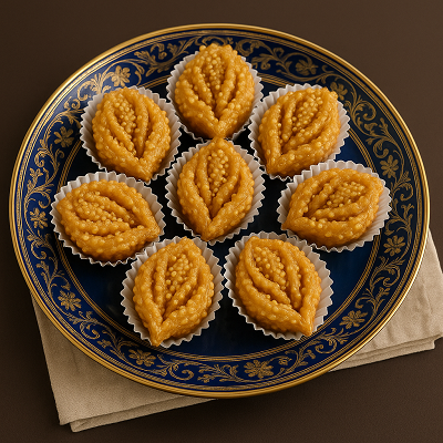 Traditional Moroccan Chebakia arranged in paper cups on an elegant blue and gold plate.