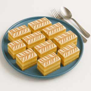 A plate of twelve classic mille-feuille pastries with vanilla custard layers and icing, served on a blue plate with silver cutlery.