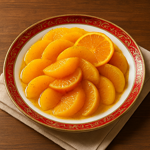 orange slices in cinnamon syrup presented in a crystal bowl, showcasing vibrant citrus colors soaked in aromatic cinnamon syrup