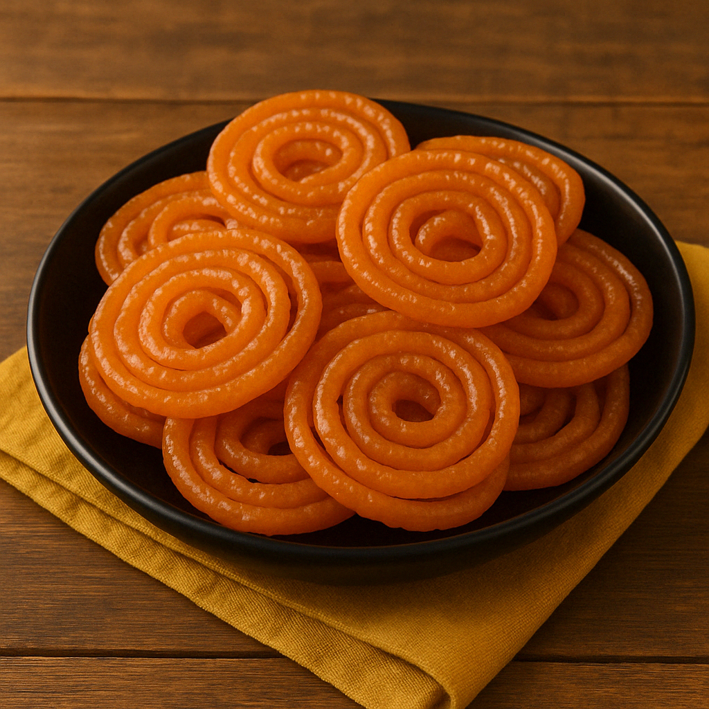 A full black plate of homemade jalebi spirals served on a wooden table with a yellow napkin – traditional sweet treat.