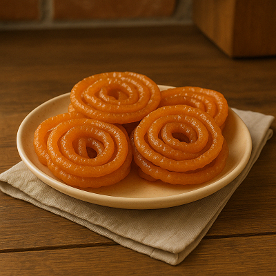 A plate of golden crispy jalebi on a wooden table, representing a traditional homemade jalebi recipe.