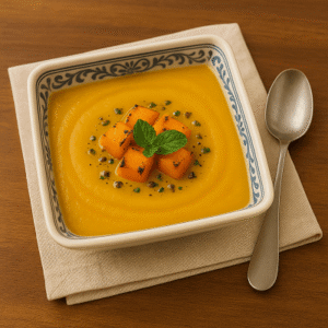 Fruit-based detox soup served in a glass bowl with fresh herbs and citrus