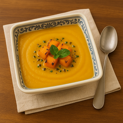 Top view of Mango Detox Soup served in a blue floral-patterned bowl on a beige napkin, garnished with roasted mango cubes and mint.