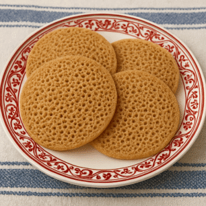 A traditional Moroccan plate featuring four golden-brown whole wheat Baghrir pancakes, showcasing their airy texture.