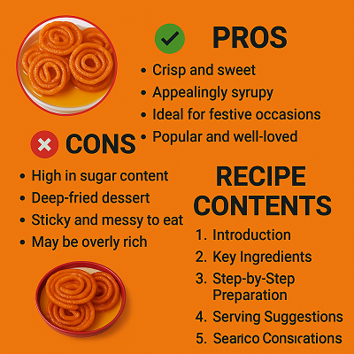 Instant Jalebi at Home– Crispy, Sweet, and Perfect Every 4 Infographic of homemade jalebi recipe with pros, cons, and full recipe contents on an orange background with red dish.