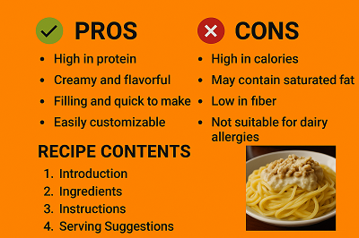 Easy Rich Pasta Recipe with Minced Meat -Creamy Pasta 4 Infographic showing pros and cons of creamy pasta with minced meat, with recipe sections and a dish photo on an orange background.