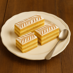 Three mille-feuille pastries with vanilla cream and icing, beautifully plated on a white dish against a bright background.