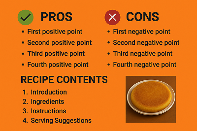 Golden Moroccan Harcha: A Crispy Semolina Delight That Melts in Your Mouth 4 Golden Moroccan Harcha infographic with pros, cons, and recipe contents on an orange background.