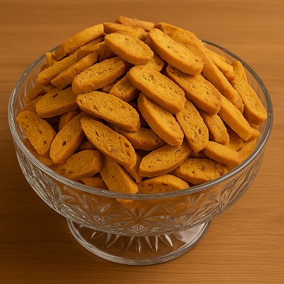 Homemade Biscotti with Nuts served in a clear glass bowl, beautifully stacked on a wooden surface.