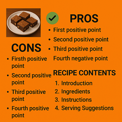 Authentic Moroccan Walnut Brownies – A Sweet Fusion of Tradition and Decadence 4 Infographic of Moroccan walnut brownies with pros, cons, and recipe contents on an orange background.
