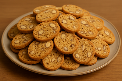 Homemade Biscotti with Nuts stacked on a round ceramic plate, showing golden color and crunchy almond texture.