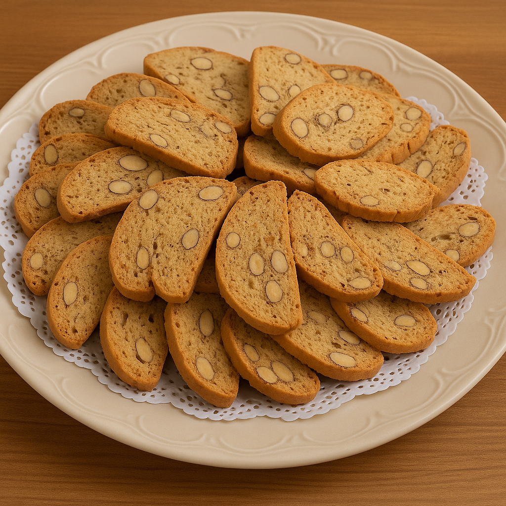 Homemade Biscotti with Nuts– A Traditional Homemade Delight 3 Almond Walnut Biscotti neatly arranged on a decorative cream plate with a lace doily, showcasing golden texture and whole nuts.