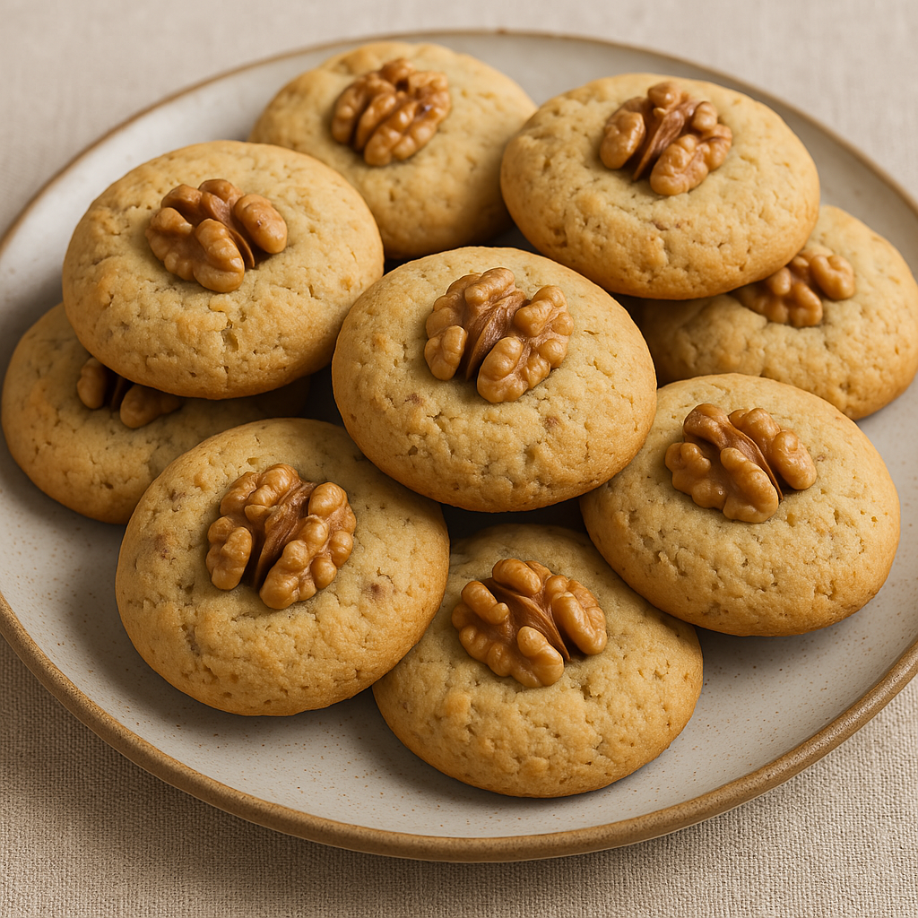 A plate of round walnut cookies, each topped with a half walnut.