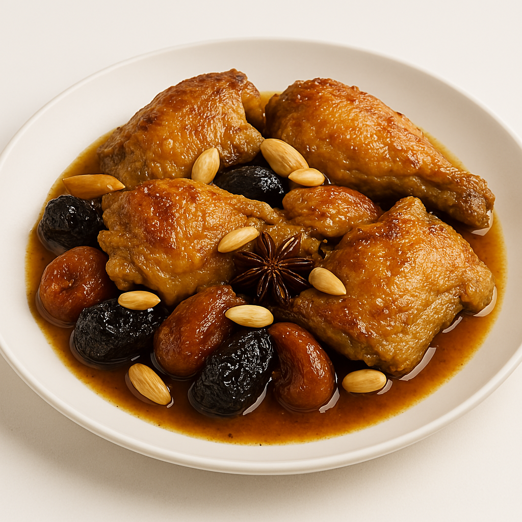 A Moroccan chicken dish with golden-brown chicken pieces cooked in a rich sauce, garnished with prunes, dried apricots, blanched almonds, and star anise.