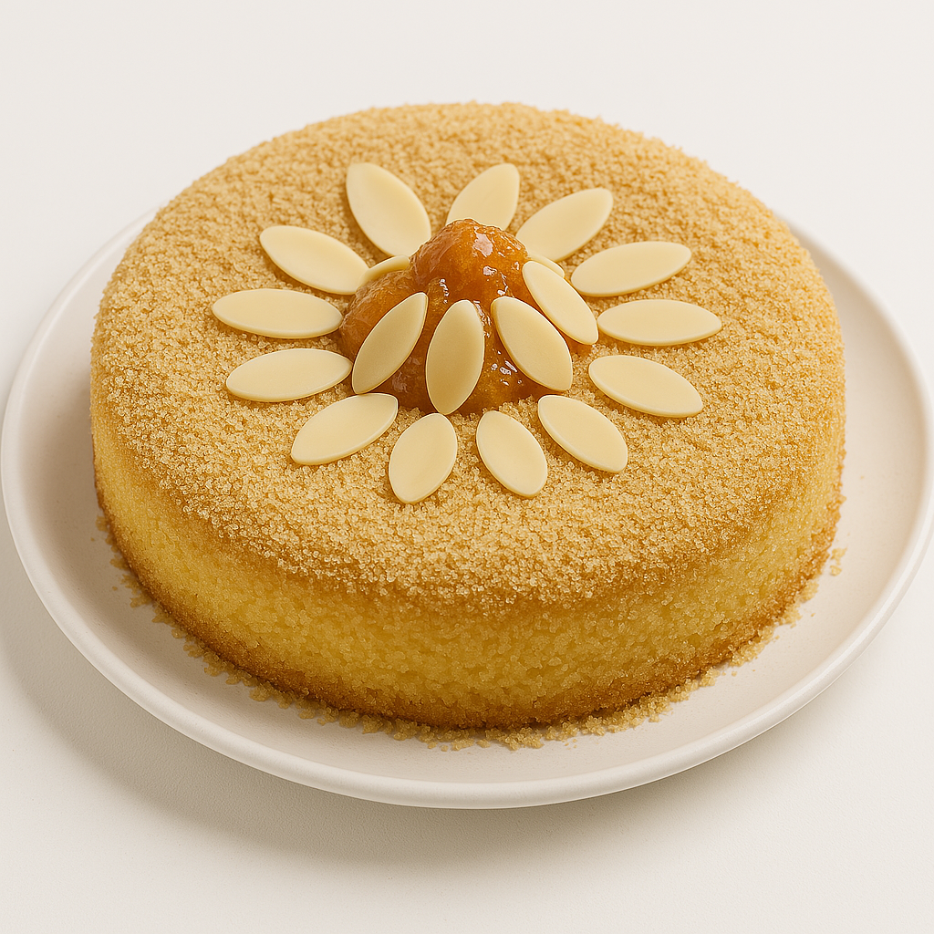 A round semolina cake decorated with ground semolina, a center of fruit jam, and almond petals arranged in a floral pattern.