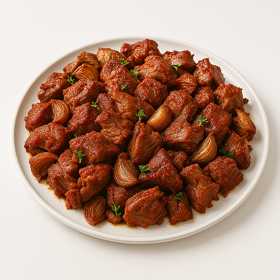 A plate of spiced stewed beef with pearl onions and garnished with fresh herbs.