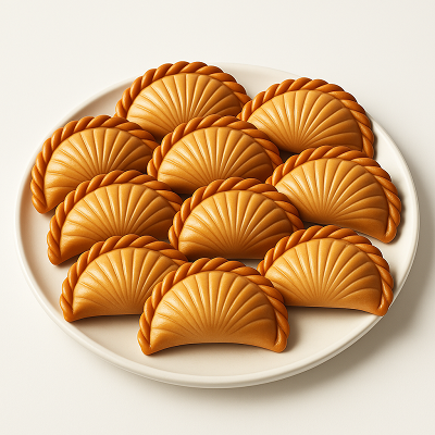 A decorative plate filled with traditional crescent-shaped pastries featuring intricate shell-like patterns and braided edges.