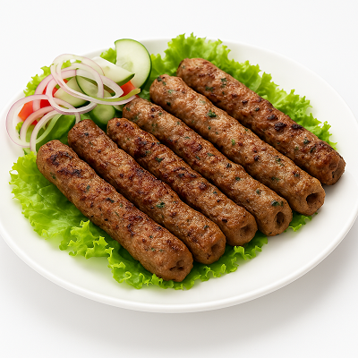 Grilled kebab skewers served on a bed of lettuce with sliced onions, cucumber, and tomato.