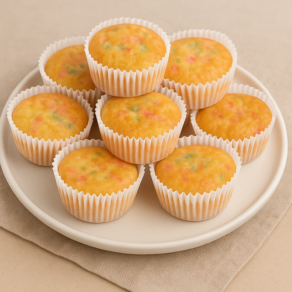 A white plate with colorful vanilla cupcakes in paper liners, neatly arranged in a circular pattern.