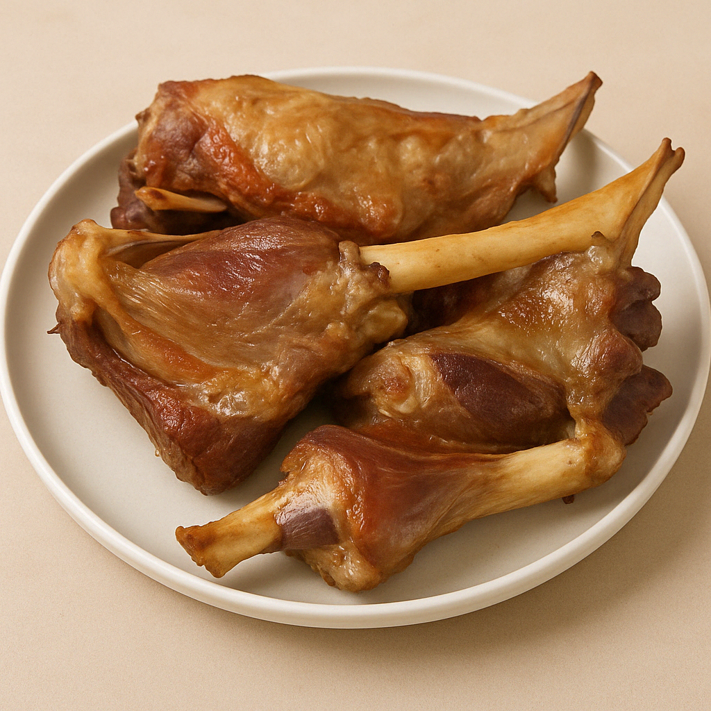 A plate of cooked lamb shanks with a golden-brown surface, served on a plain white dish.