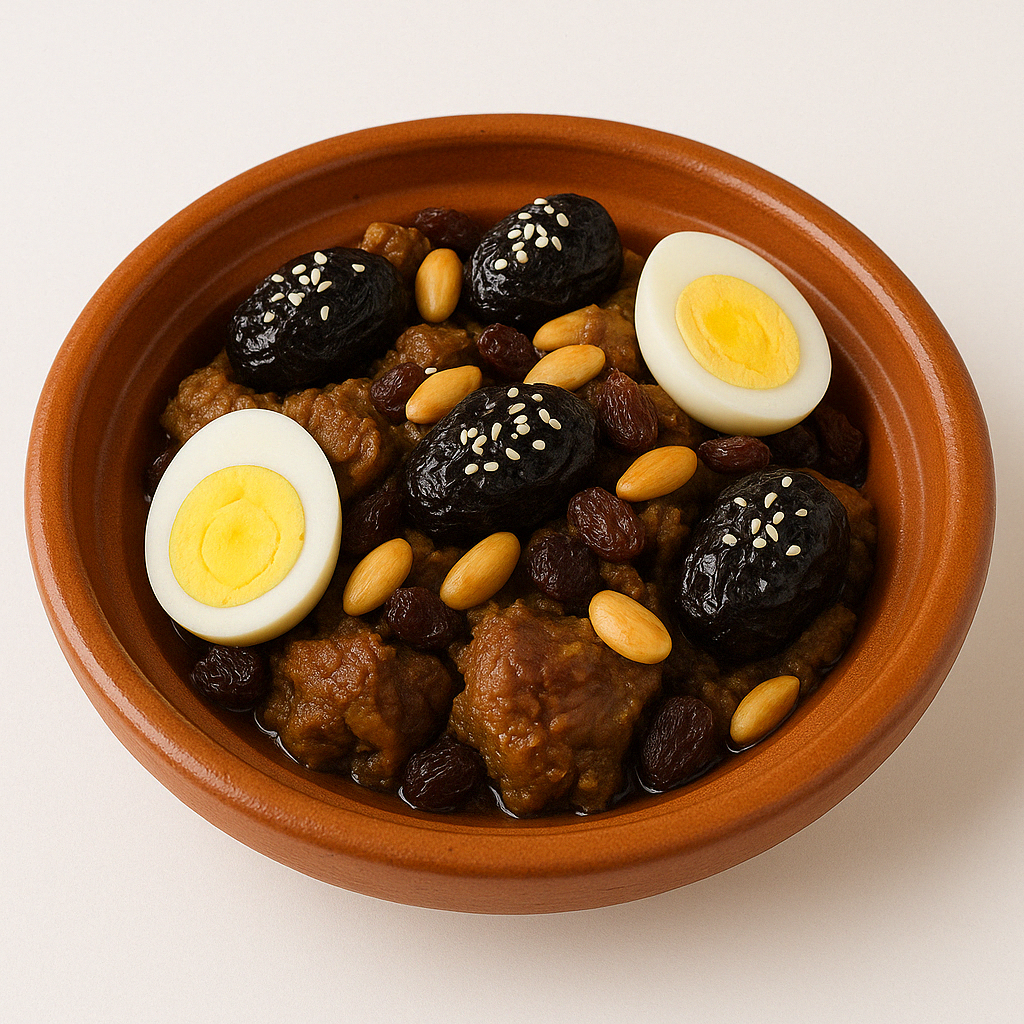 A traditional Moroccan meat dish topped with prunes, raisins, almonds, sesame seeds, and halved boiled eggs, served in a clay tagine.