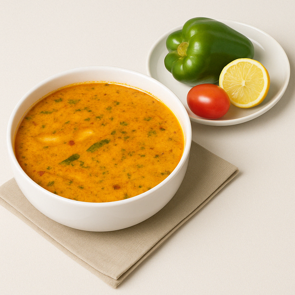 A bowl of orange-colored vegetable soup with herbs, served with a side plate of green bell pepper, tomato, and lemon.