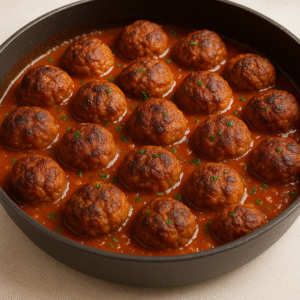 A black pan filled with golden-brown meatballs simmering in a rich red tomato sauce with green peas.