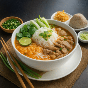 A white bowl of Asian noodle soup with chicken, fresh herbs, lime, rice noodles, and vegetables, served on a white plate with chopsticks and side condiments.