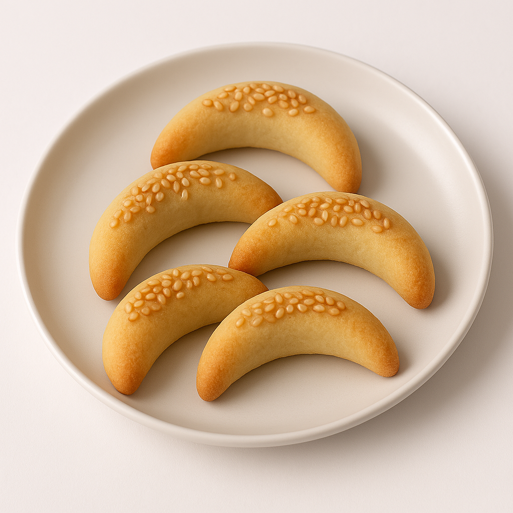 A plate of crescent-shaped cookies topped with sesame seeds.