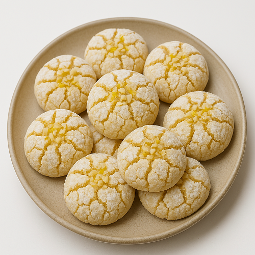 A plate of lemon crinkle cookies with a cracked sugar-dusted surface.