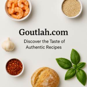 Flat lay of various cooking ingredients including shrimp, grains, garlic, chili flakes, bread, and basil leaves, with the text "Goutlah.com – Discover the Taste of Authentic Recipes" in the center.