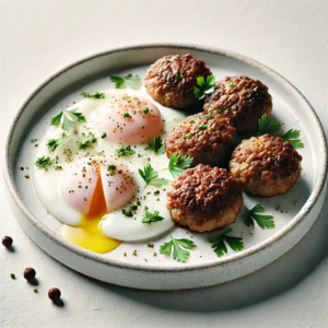 A plate with soft-boiled eggs and golden-brown meatballs, garnished with fresh parsley and cracked black pepper.