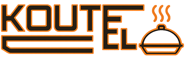 KOUTE EL logo with modern black and orange typography and a steaming dish icon, representing culinary expertise.