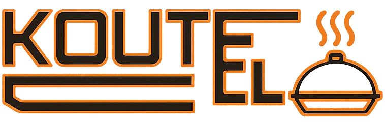 KOUTE EL logo with modern black and orange typography and a steaming dish icon, representing culinary expertise.
