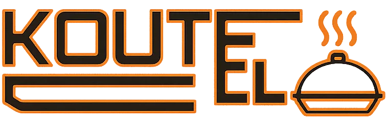 KOUTE EL logo with modern black and orange typography and a steaming dish icon, representing culinary expertise.