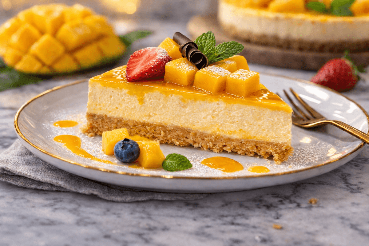 Slice of tropical mango cheesecake topped with fresh mango cubes, strawberry, blueberries and chocolate curl on a golden-rim plate.