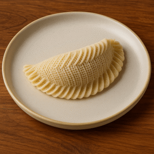 Traditional gazelle horn cookies arranged elegantly on a golden plate with powdered sugar on top.