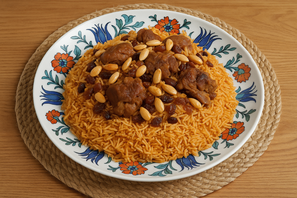 A hearty serving of lamb pilaf with chickpeas, basmati rice, and Middle Eastern spices on a decorative plate, styled with warm natural lighting.