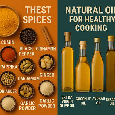 A split design image showing the best natural oils and spices for cooking, with cumin, paprika, garlic, and olive oil displayed in an elegant layout.