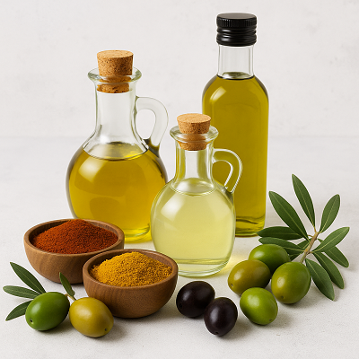 A variety of natural cooking oils and spices including olive oil, red and yellow spices, and fresh olives displayed on a light background.