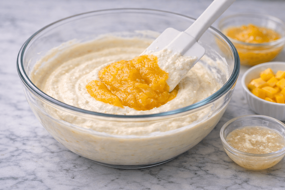 Mixing fresh mango puree into creamy cheesecake filling in a glass bowl.
