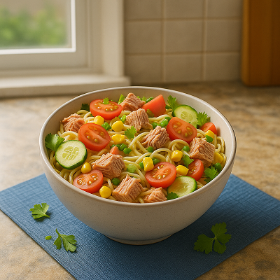 A bowl of tuna pasta salad with cherry tomatoes, cucumber slices, corn, parsley, and noodles.